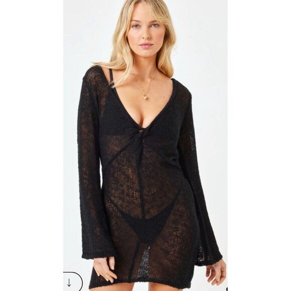 Lspace Authentic Solid Black Palisades Cover Up Long Sleeve V Neck Mini Large - Picture 2 of 12